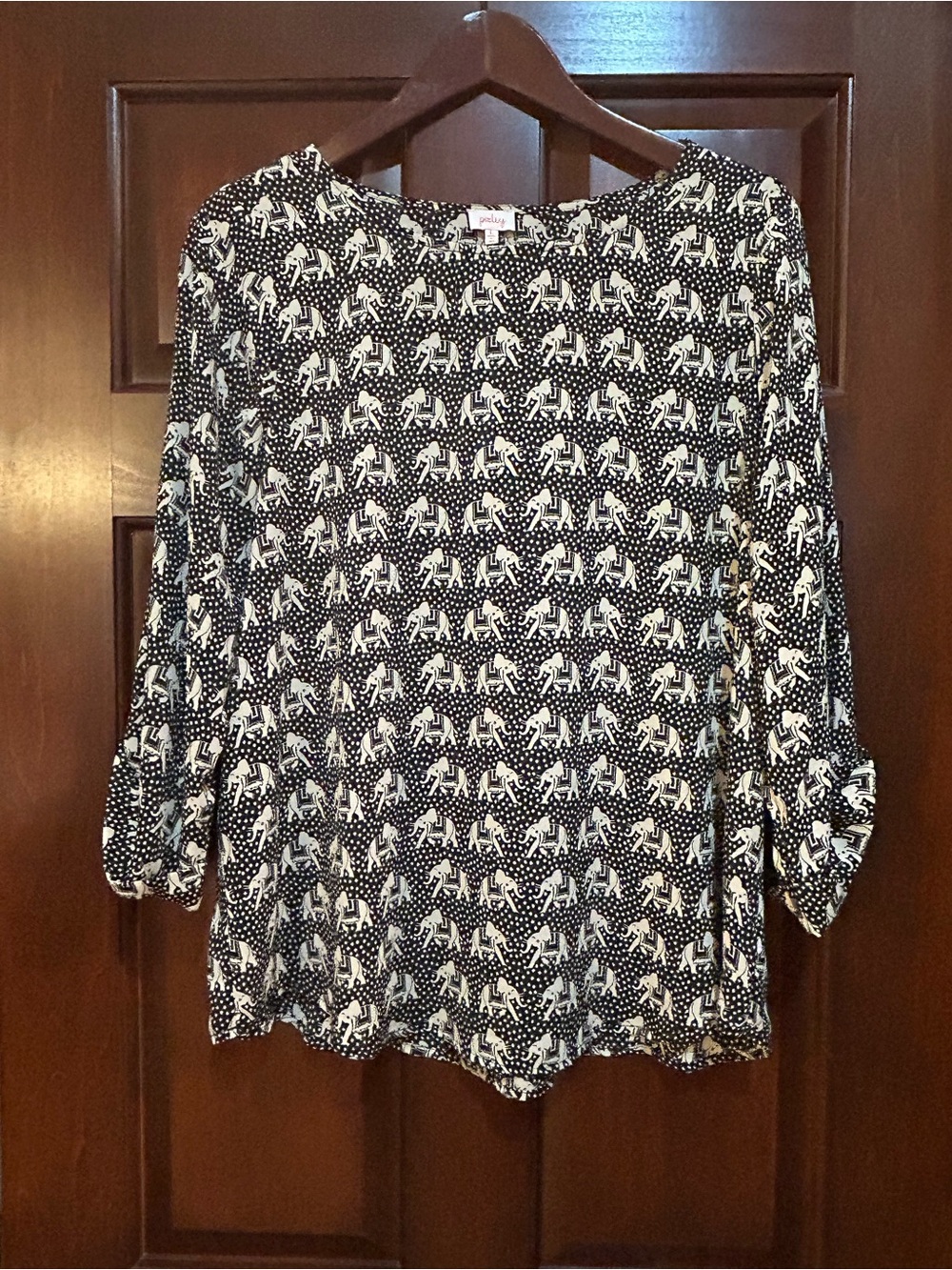 Pixley Elephant Print Boho Blouse Black Ivory Long Sleeve Top L
